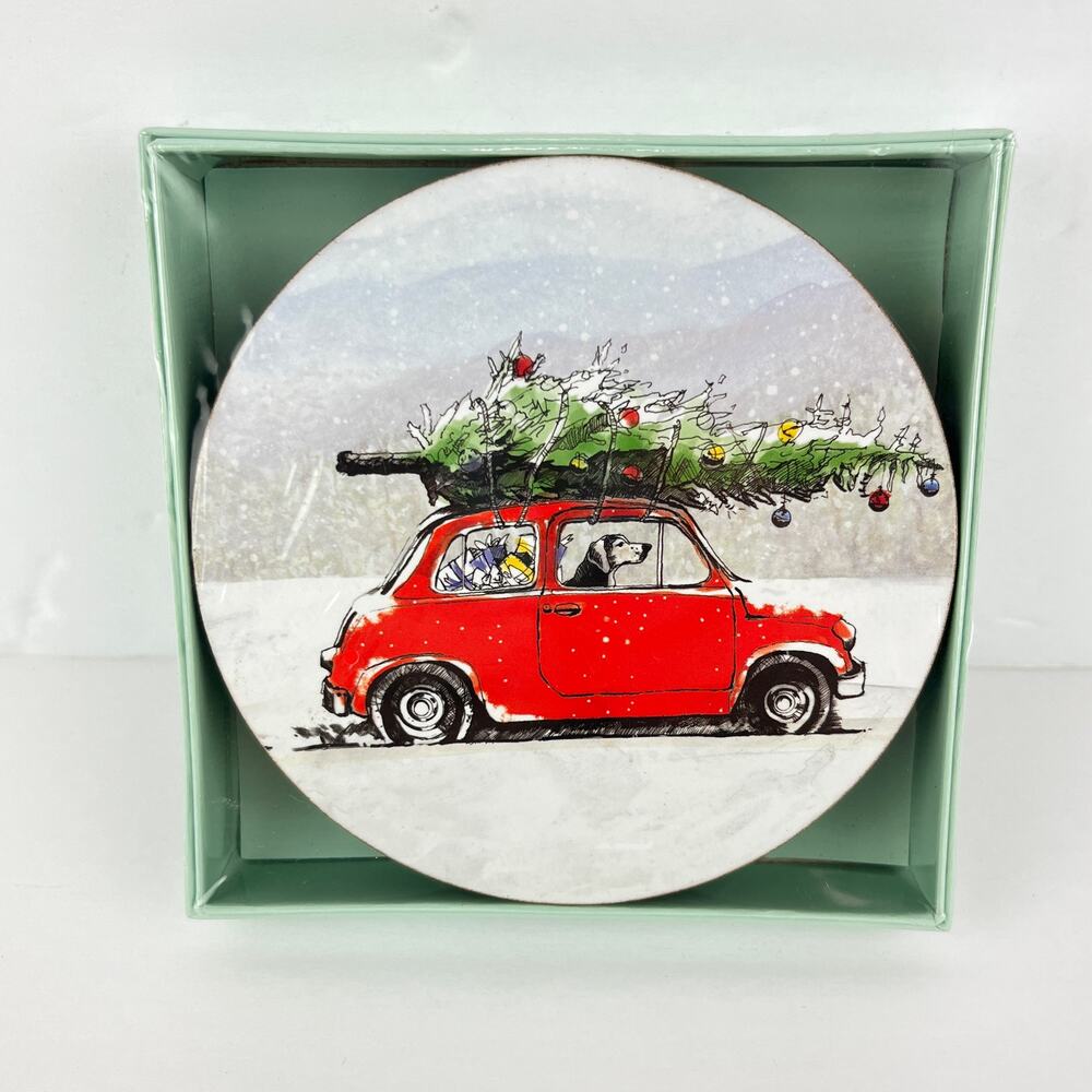 Rock Flower Paper Round Winter Scene Christmas Tree on Car Coasters Set of 4